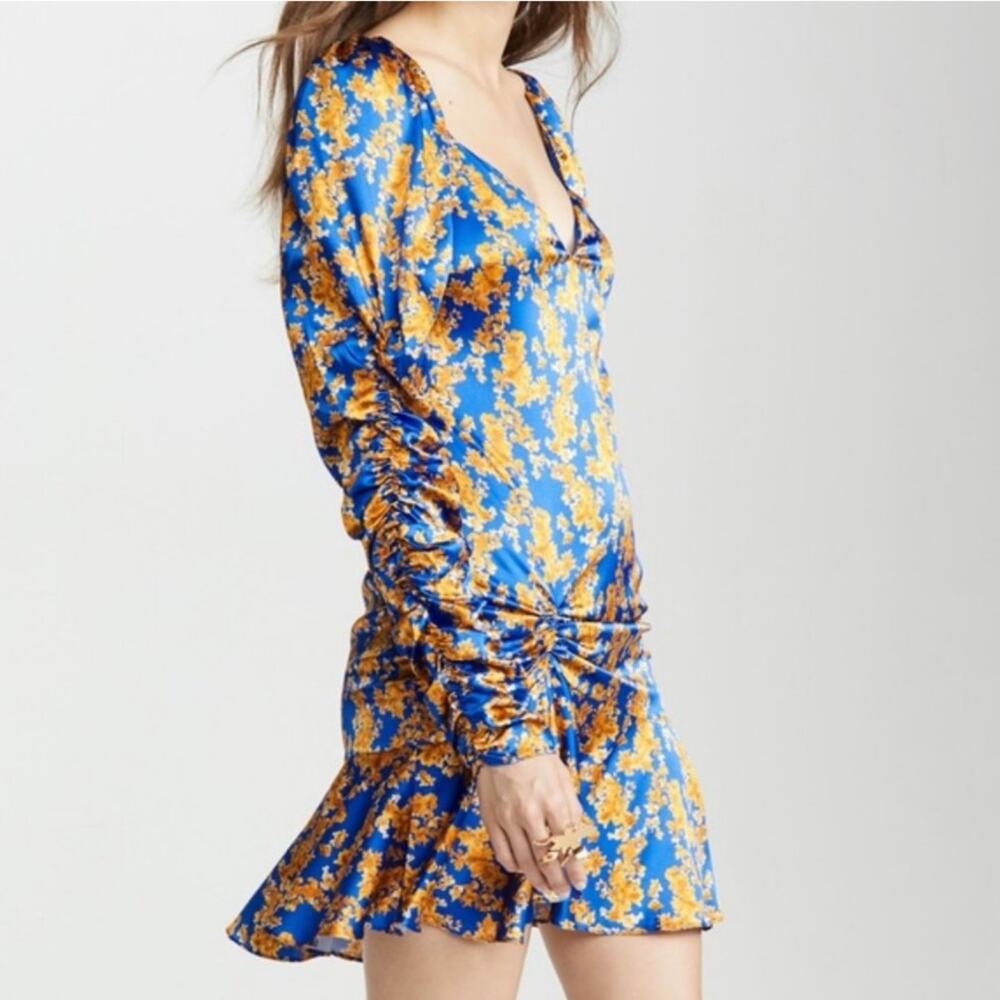 Caroline Constas Evelyn Blue Gold Floral Silk Ruched Flounce Mini Dress M